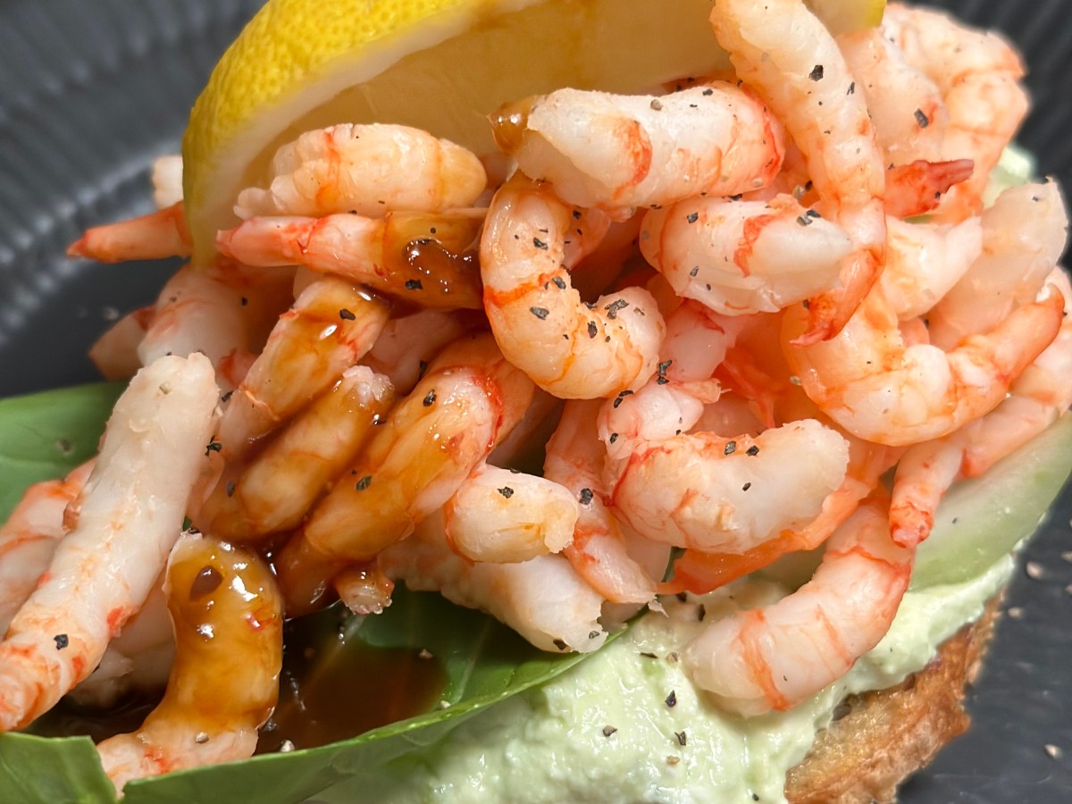 Rejer på en bund af hjemmelavede avocado&nbsp;smøreost